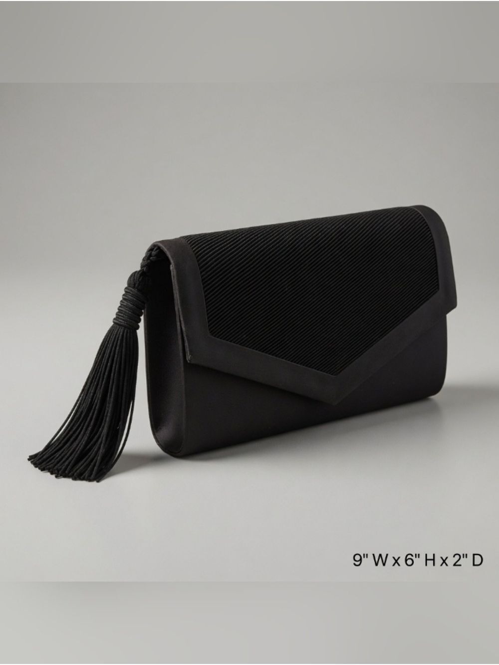 Vintage Black Pleated Satin Evening Bag with Tassel | 9" x 6" x 2" | Flap